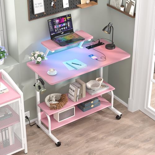 Height Adjustable Standing Desk with Power Outlets and LED Lights - 32" Manual Stand Up Desk with Monitor Stand and Storage Shelves Small Mobile Rolling Computer Desk Portable Laptop Table, Pink