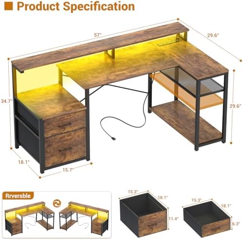 Aheaplus L Shaped Desk with File Drawer, Reversible L Shaped Gaming Desk