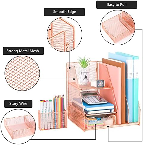 Topwey Rose Gold Desk Accessories, Office Supplies Desk Organizer Caddy with Sliding Drawer, Double Tray, File Organizer and pen holder for Home, Office School