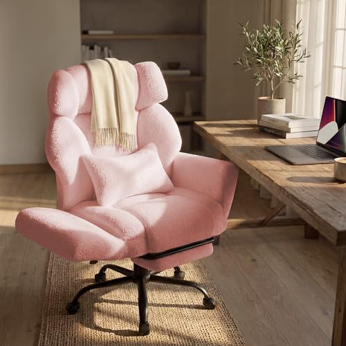 Office Chair with Flip Armrests,Big and Tall Office Chair with Foot Rest,Extra Wide Seat & Lumbar Pillow,Comfy Criss Cross Chair for Pets Sitting,Ergonomic Computer Gaming Chair,Teddy Fleece,Pink