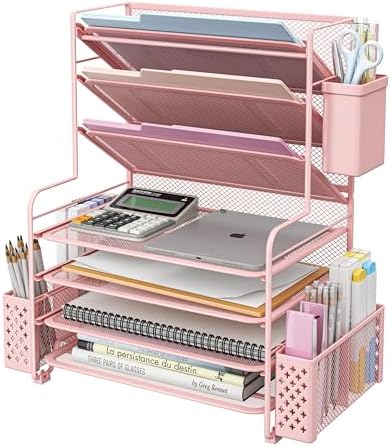 Simple Trending 7 Tier Desk File Organizer, Letter Tray Paper Organizer with Pen Holder and Metal Hanging Basket, Pink