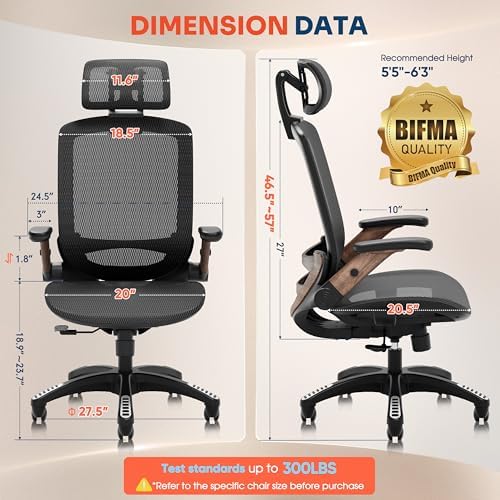 GABRYLLY Ergonomic Office Chair, High Back Home Desk Chair with Headrest, Flip-Up Arms, 90-120° Tilt Lock and Wide Cushion, Big and Tall Mesh Chairs for Man Woman, Black Task Chair(Dark Woodgrain)