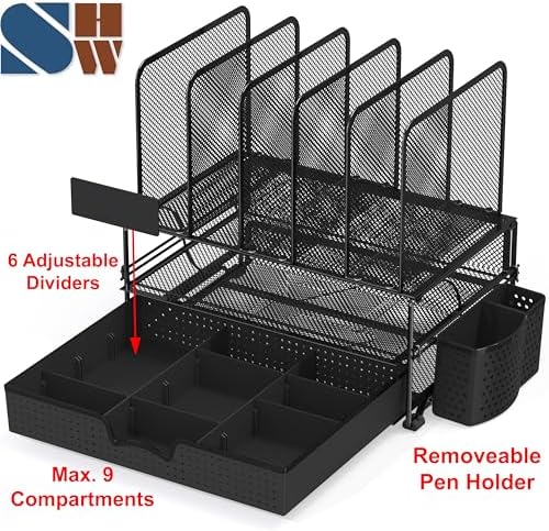 Simple Houseware Desk File Organizer for Office Supplies w/Drawer, Black