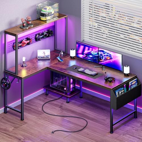 PRAISUN L Shaped Gaming Desk with LED Lights & Power Outlets