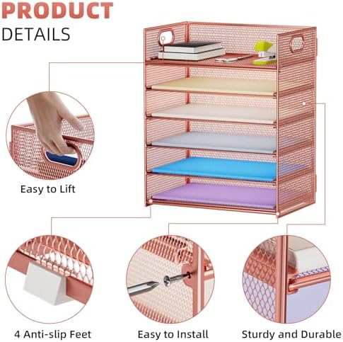 Marbrasse 6 Tier Paper Organizer Letter Tray - Mesh Desk File Organizer with Handle, Paper Sorter Organizer for Letter/A4 Office File Folder Holder - Rose Gold