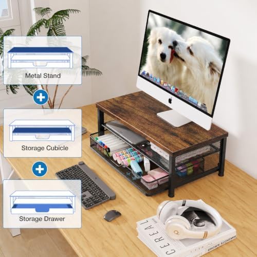 OPNICE Computer Monitor Stand Riser, Desk Organizer with Drawer, Printer & Laptop Stand, Office Desk Accessories & Workspace Desktop Organizers Storage for Office Supplies(Brown)