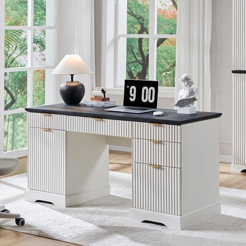 58" Modern Executive Desk with 5 Drawers & 1 Cabinet, Built‑in Outlet