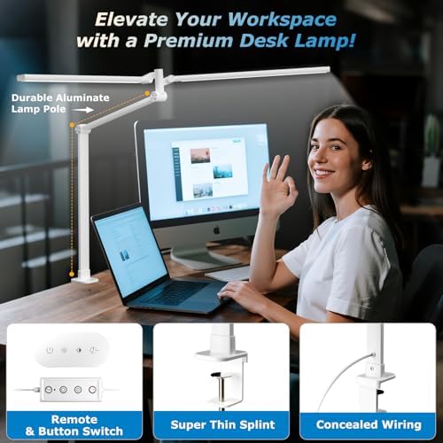 Airlonv LED Desk Lamp, Double Swing Arm Wide Lighting Area Desk Lamps for Home Office with Stepless Dimming, Eye-Caring Architect Desk Light with Clamp for Reading, Study, Workbench, Drafting(White)