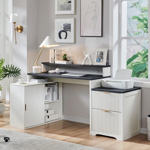67"Fluted Desk with Cabinet & 2 Drawers, Modern Office Desk Built‑in Outlet