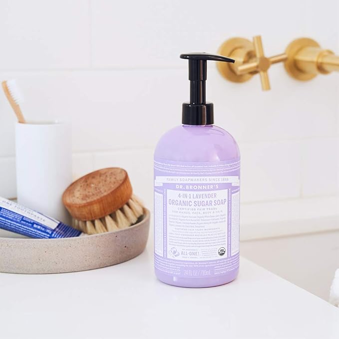 Dr. Bronner's - Organic Sugar Soap (Lavender, 24 Ounce) - Made with Organic Oils, Sugar and Shikakai Powder, 4-in-1 Uses: Hands, Body, Face and Hair, Cleanses, Moisturizes and Nourishes, Vegan