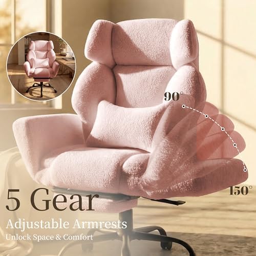 Office Chair with Flip Armrests,Big and Tall Office Chair with Foot Rest,Extra Wide Seat & Lumbar Pillow,Comfy Criss Cross Chair for Pets Sitting,Ergonomic Computer Gaming Chair,Teddy Fleece,Pink