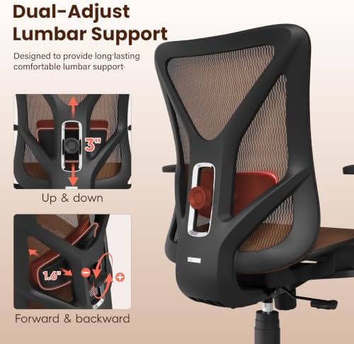 Ergonomic Office Chair, Mesh Computer Desk Chairs with BIFMA X5.1 Certified, Adjustable Lumbar Support, 3D Arm, Tilt Back, Wide Seat, Comfy Swivel Work Task Chair for Company and Home (Sunset Orange)