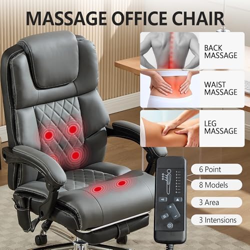 Massage Office Chair with Heat & Footrest,Heated Comfy Reclining Desk Chair with Vibration,Executive Big and Tall Chairs for Heavy People,Adjustable Height Black Grey