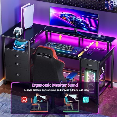 Furologee 52" Gaming Desk with 4 Drawers & LED Lights, Power Outlet, Black