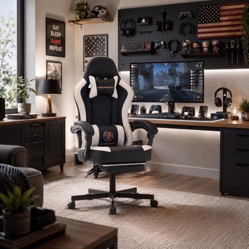 Desk Computer Gaming Chair - High Back Ergonomic Office Chair with Footrest and Lumbar Support, Swivel Comfy Home Gamer Video Game Chairs with Pocket Spring Cushion for Adults (White Leather)