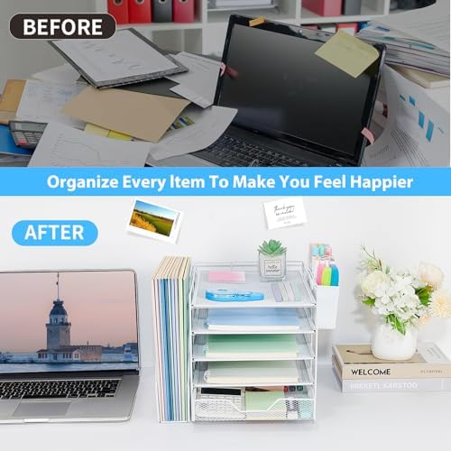 5-Tier Desk File Organizer with Drawer & Pen Holder (White)