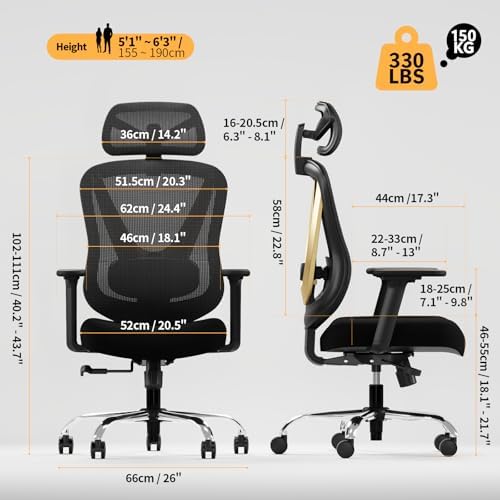 HOLLUDLE Ergonomic Mesh Office Chair - 3D Adjustable Lumbar Support & 3D Armrests, V-Shaped Back, Adjustable Desk Chair for Office & Home, Black and Gold