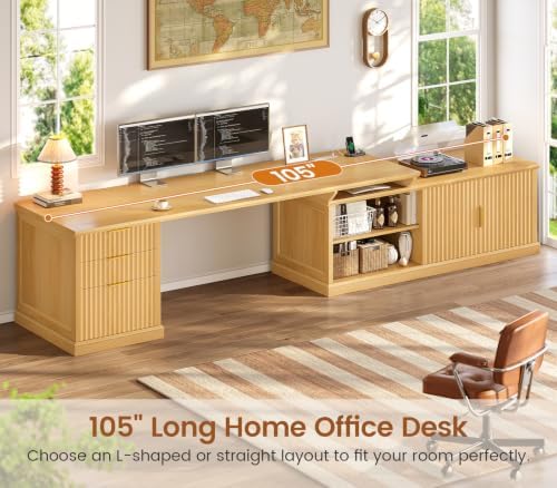 SEDETA Fluted 70.9" L Shaped Desk with Drawers, Fluted Oak