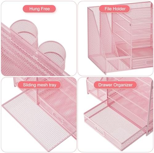 Marbrasse Desk Organizer with File Holder, 5-Tier Paper Letter Tray Organizer with Drawer and 2 Pen Holder, Mesh Desktop Organizer and Storage with Magazine Holder for Office Supplies(Pink)