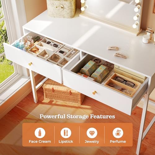SUPERJARE 39.4" White Desk with 2 Drawers, Modern Makeup Vanity Desk