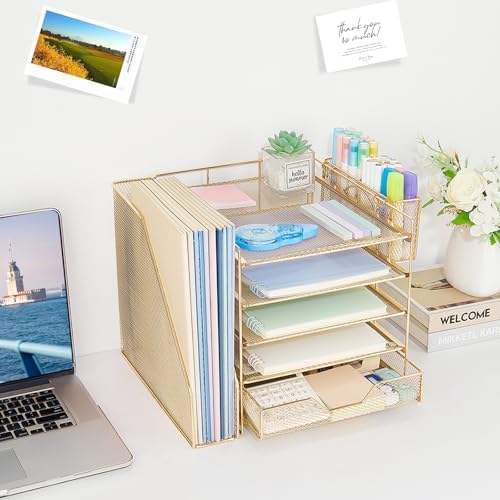 5-Tier Desk File Organizer with Drawer & Pen Holder (Gold)