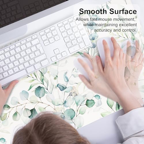 QiyI PU Leather Large Mouse Pad, Office Decor, 31.5" x 15.7", Green Leaves