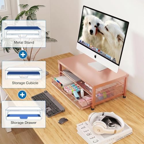 OPNICE Computer Monitor Stand Riser, Desk Organizer with Drawer, Printer & Laptop Stand, Office Desk Accessories & Workspace Desktop Organizers Storage for Office Supplies(Rose Gold)