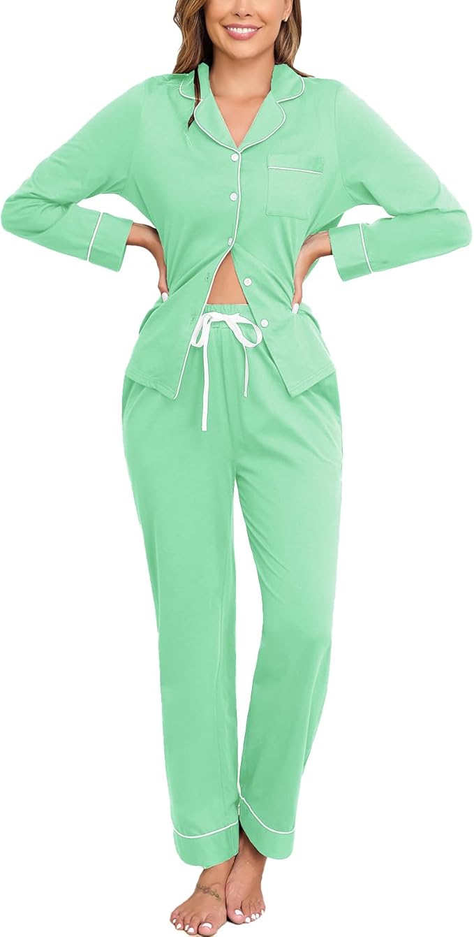 Veseacky 100% Cotton Pajamas for Women Set Long Sleeve Button Down Sleepwear Soft Pjs Lounge Sets with Pockets S-XXL