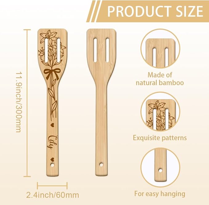 GLOBLELAND 6Pcs Bouquet Bamboo Cooking Utensils Wooden Lilies Roses Daisies Cosmos Engraved Cooking Spoons Spatula Set for Women and Men Wood Cooking Spoon for Kitchen House Warming Gift