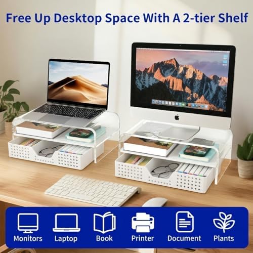 OPNICE Desk Organizer and Accessories, 2-Tier Computer Monitor Stand Riser with Drawer and 2 Pen Holders, Laptop Stand, Office Desk Accessories for Office Supplies, Transparent