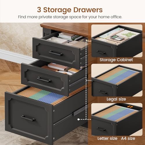 SEDETA Farmhouse L Shaped Desk with Drawers, 70.9" Home Office Desk with Storage Cabinet and Storage Shelves, L Shaped Computer Desk with Power Outlet，Black+Brown