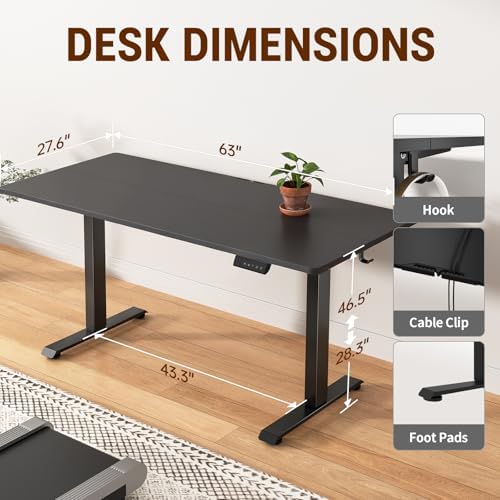 Veken 63×27.6 Inch Large Electric Standing Desk, Gaming Table, Black