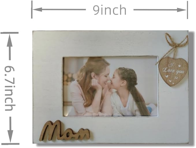 I Love You Mom Photo Frame with Heart,Wooden Mom Picture Frame 4x6 Horizontal from Daughter/Son,Mother's Day Gift,Present for Stepmother, Mommy Birtheday Gift