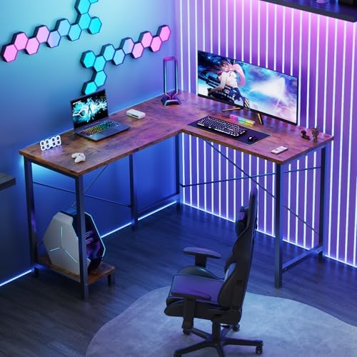 DUMOS 50-Inch Reversible L Shaped Desk with CPU Shelf, Brown