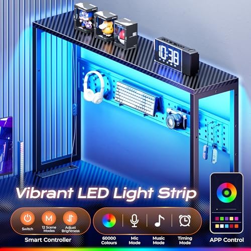 PRAISUN L Shaped Gaming Desk with LED Lights & Power Outlets