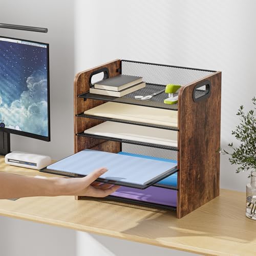 Marbrasse 6 Tier Paper Organizer Letter Tray - Wooden Desk File Organizer with Handle, Paper Sorter Organizer for Letter/A4 Office File Folder Holder
