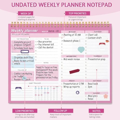 Thboxes Weekly Desk Planner, 52 Sheets, 8.5x11 In To Do List Notepad, Pink