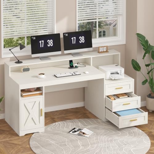TVU 65" White Computer Desk with Drawers and Printer Stand for Home Office