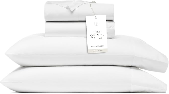 BOLL & BRANCH Percale Hemmed Sheet Set - Cooling Breathable Bed Sheets for Hot Sleepers - Full, White - Luxury 100% Organic Cotton - 1 Flat, 1 Fitted, 2 Pillowcases