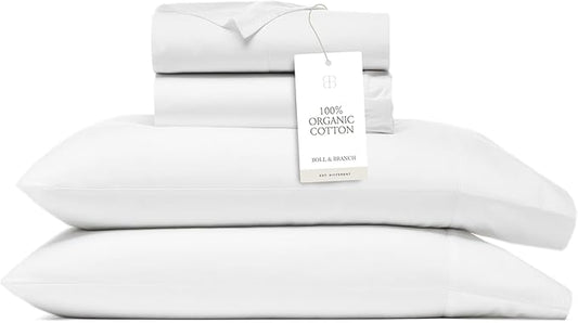 BOLL & BRANCH Percale Hemmed Sheet Set - Cooling Breathable Bed Sheets for Hot Sleepers - Twin XL, White - Luxury 100% Organic Cotton - 1 Flat, 1 Fitted, 2 Pillowcases