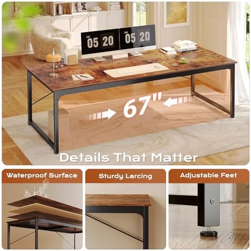 PRAISUN 70.8 X 29.5 Inch Computer Desk with Deeper Desktop, Gaming Office Writing Work Desk for Home Office, Study, Bedroom, Work from Home, Metal Frame, Rustic Brown