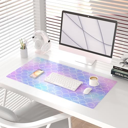 QiyI PU Leather Large Mouse Pad, Office Decor, 31.5" x 15.7", Mermaid Scale