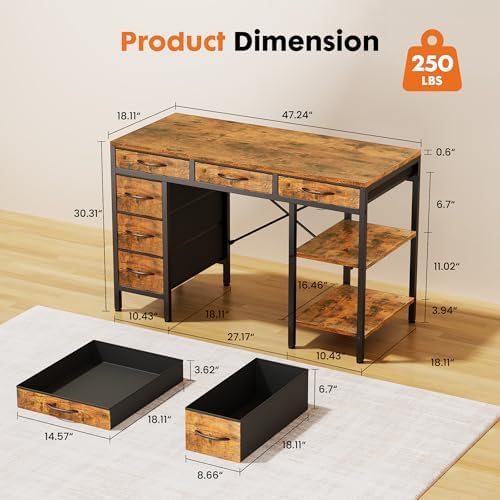 OLIXIS 47 Inch Computer Desk with 6 Fabric Drawers, for Home Office Work