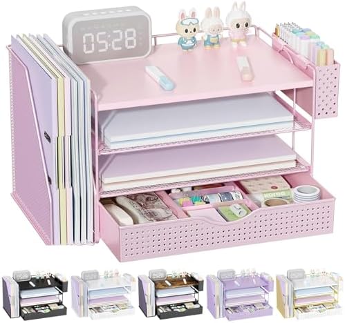 Wood Desk Organizers and Accessories with File Holder, 4-Tier Desk Accessories & Workspace Organizers with Drawer and Pen Holder, Desk Reference Organizer (Pink, 4T with Drawer)