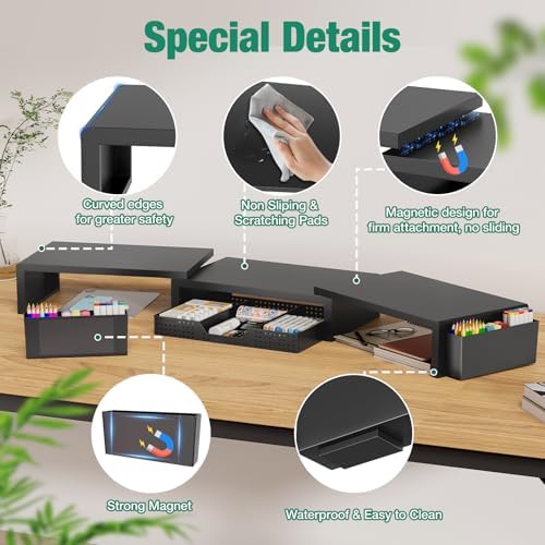 OPNICE Desk Organizer and Accessories, Computer Monitor Stand Riser with Drawer and 2 Pen Holders, Laptop Stand, Office Desk Accessories for Office Supplies, Black