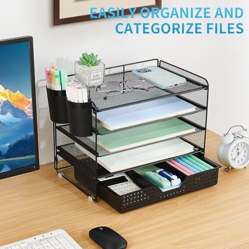 LEKETREE Desk Organizer and Accessories, 5-Tier Paper Letter Tray Organizer with Drawer & 2 Pen Holders for Desktop File Organization, Office Desk Accessories for Supplies Storage (Black)