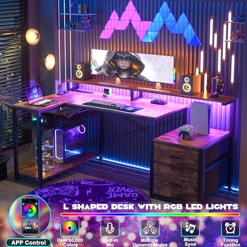 Aheaplus L Shaped Desk with File Drawer, Reversible L Shaped Gaming Desk