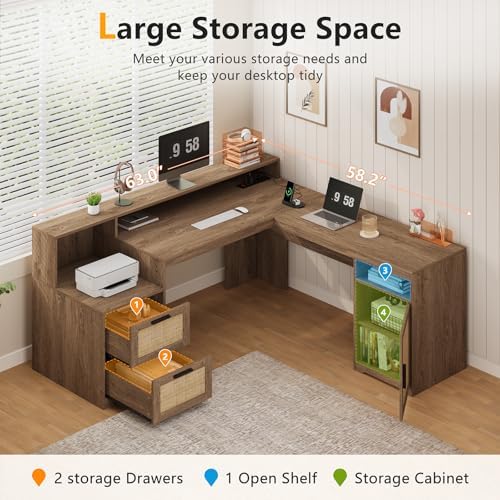 63" Rattan L Shaped Desk with Drawers & Printer Shelf for Home Office