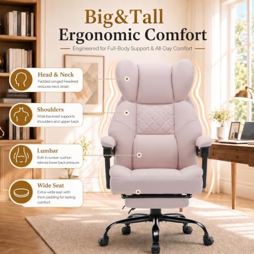 GTPLAYER Big&Tall Ergonomic Gaming Chair, Wide Spring Seat, Linkage Armrest,Pink