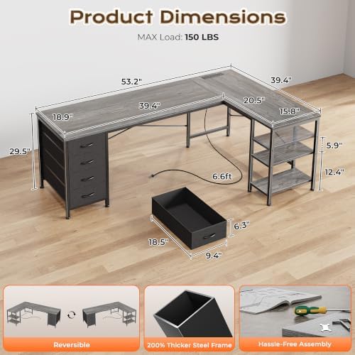 Huuger 55 Inch L Shaped Desk with Fabric Drawers, Reversible Computer Gaming Desk with Power Outlets and USB-C Port, Adjustable Side Storage Shelves, for Work Study Corner Home Office, Grey,1CD078H